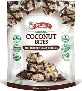 Jennies Organic Coconut Bites with Cacao Nibs and Dark Chocolate, 5.25oz | Gluten Free | Peanut Free | Dairy Free | Non GMO