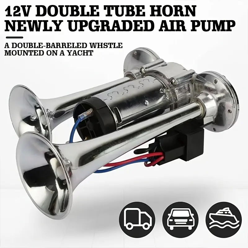 120dB Super Loud 12V Zinc Alloy Double Tube Air Horn, Auto Parts Accessories, Accessories for Car, Easy-Install Car Exterior Horn for 12V Vehicles, RVs, Trucks