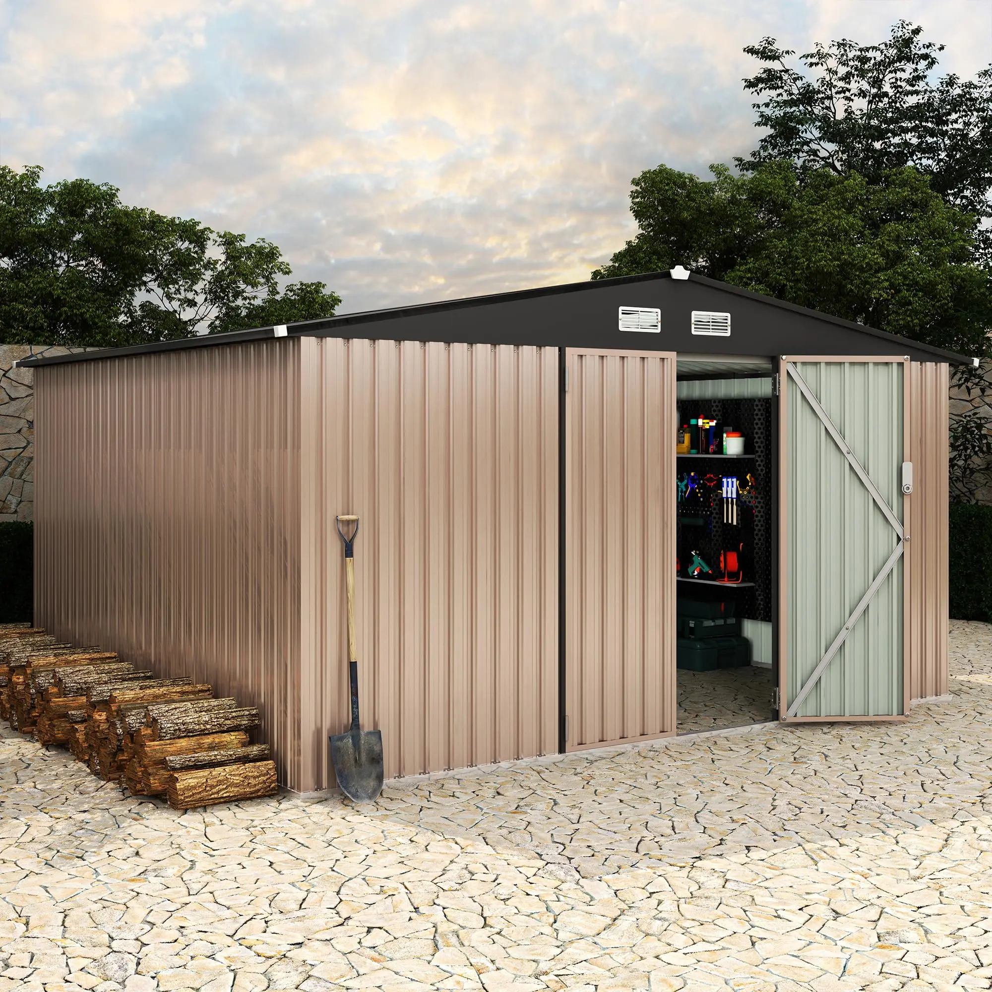 GARVEE 10x12 FT Metal Storage Sheds Outdoor, Metal ToolShed with Lockable Door, Metals Yard Sheds Metals Garden Shed Kit, MetalUtility Sheds Buildings with Air Vent for Backyard Garden Patio Lawn