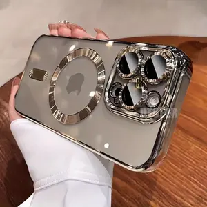 Luxury Magnetic Wireless Charge Plating Clear Phone Case for Iphone 17/16pro 15 14 PLUS 13 12 11 Pro Max Plus Ultra-Compatible with Magsafe, Thin Soft TPU Shockproof Transparent Phone Cases with Camera Lens Protector Film, for iPhone 17 Pro max