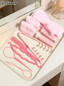10pcs Pink Hair Styling Tools Set with Spa Headband and Wristbands, Professional Hair Braiding Kit and Hair Rollers, All-in-One Self Hair Care Gift for Women, Easy Hairstyle DIY Accessories for Daily Use.