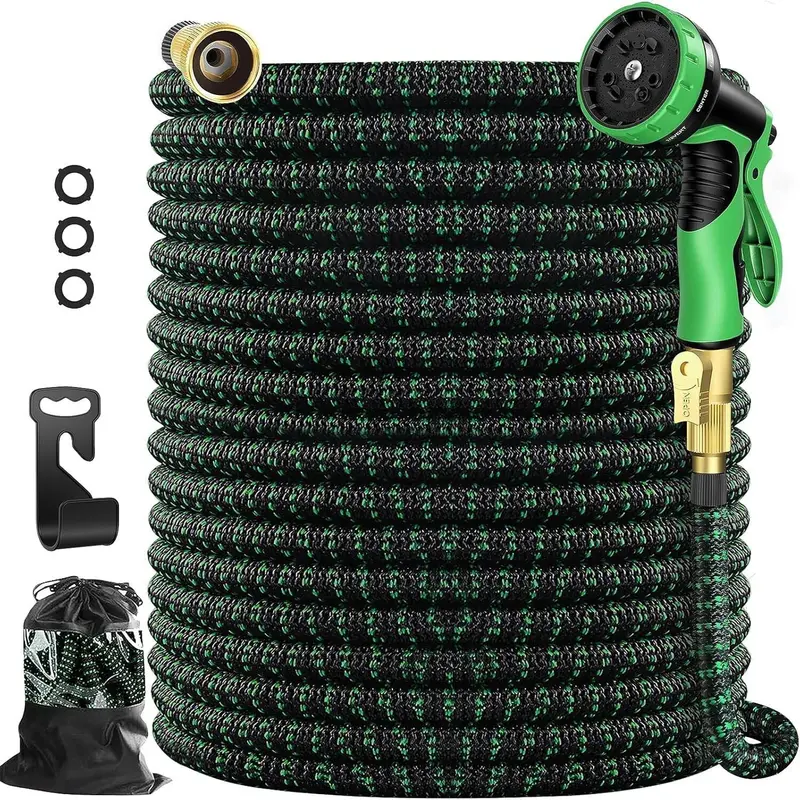 Expandable Garden Hose (25ft/50ft/75ft/100ft) with 10-Function Nozzle, 2500D Strength, 3/4" Solid Brass Fittings (2x), 1/2" Latex Core, Kink-Free Flexible Coil, Garden Hose Connectors, 1x Hanger+1x Storage Bag for Outdoor Watering, Car Wash