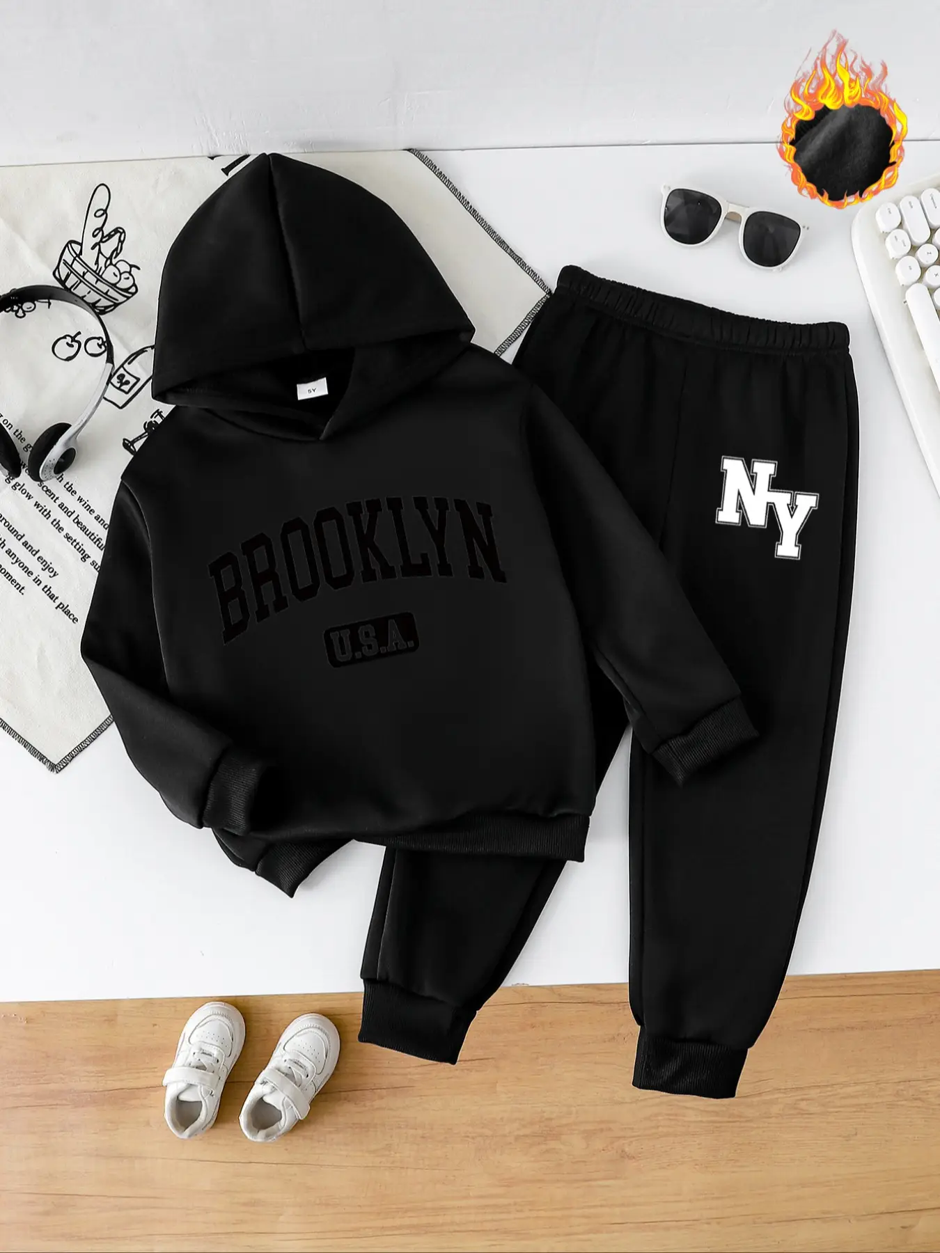 Boys' Fashion Casual Fall Winter Hooded Sweatshirt Set, Thick Warm Letter Print Pullover, Fitted Long Sleeve Jogger Pants, Gift Idea