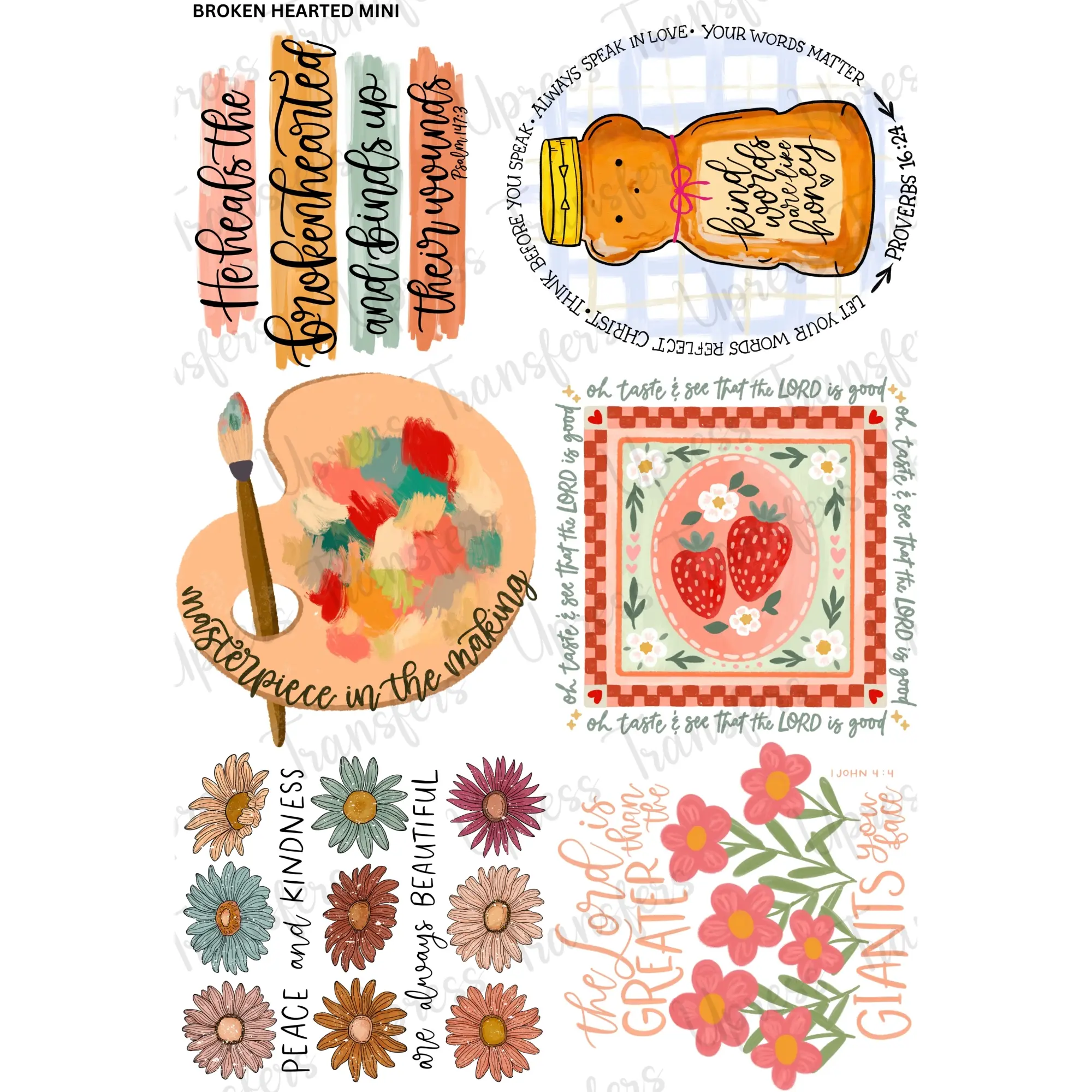 Broken Hearted Mini Gang Sheet DTF Transfer 24.5" x 36" Direct To Film for DIY Enthusiasts Vibrant Custom Options Cozy Handmade Aesthetic Festive Designs Merry & Bright Pastel Designs