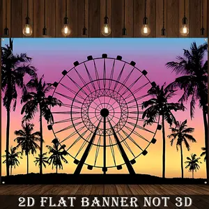 2D Flat Banner,1Pc，Summer Ferris Wheel Party Backdrop Music Festival Palm Leaves Sunset Backdrop Tropical Baby Shower Birthday Banner Decor Wall Decor， Perfect for Holiday Parties, Home Decor & Studio Props Holiday Decorations