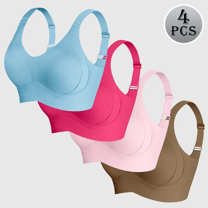 [4Pcs]Women's Solid Wireless Bra, ComfortableBreathable Push Up Bra, Softness Lightweight,Lingerie for All Seasons, Pushbra Womenswear Minimalist