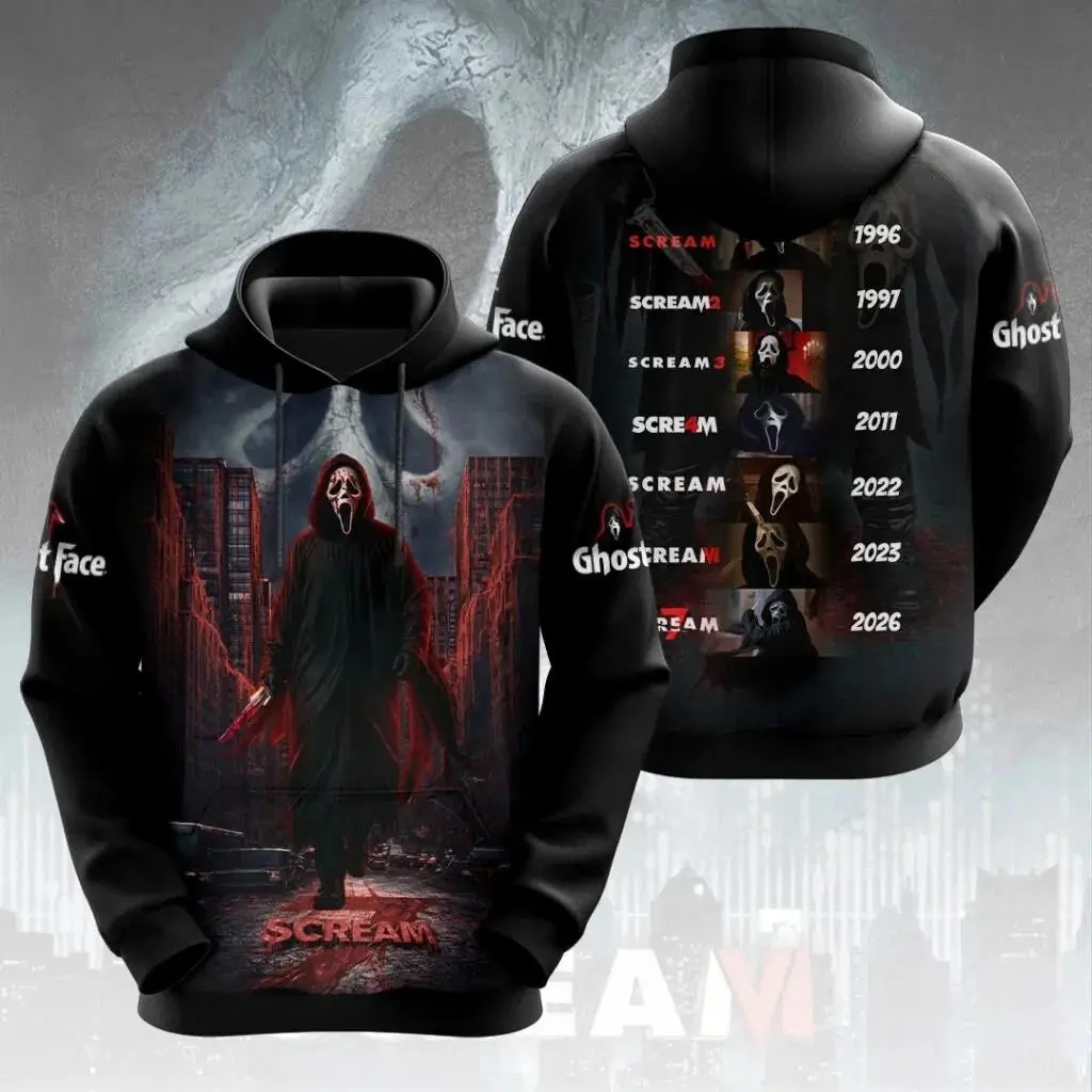 Scream Inspired 3D Apparel Hoodie, Horror Movie Style All Over Print Unisex Pullover, Gothic Streetwear Sweatshirt, Casual AOP Hoodie for Men & Women