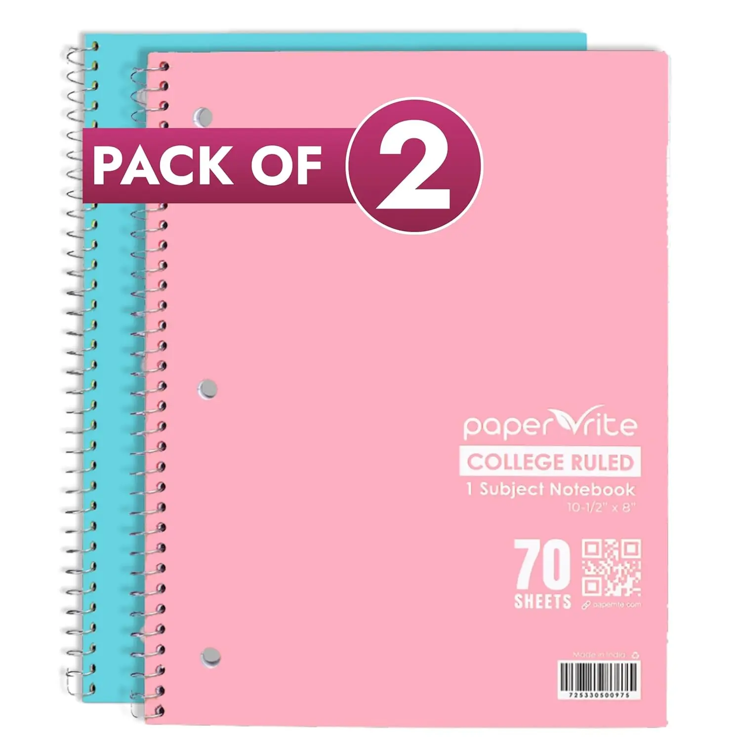 Paper Rite 1-Subject College Ruled Soft Notebooks (Pack of 2) - Pastel Blue & Red, 10.5 x 8.18 inch, 70 Sheets, Durable Soft Covers, School Supplies for Student, Daily Writing, Easy to Carry Non-Customized Printed Paper Office Stationery
