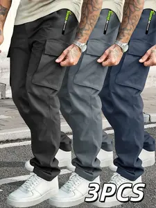 Men's Multi-Pocket Work Pants, Outdoor Street Trendy Casual Straight Leg Long Pants, Versatile Commuter Trousers, 3 Piece Set