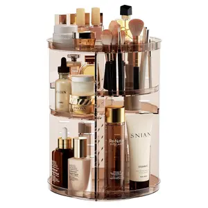 Rotating Makeup Organizer Countertop, DIY Adjustable Trays Spinning Skincare Organizers, Cosmetic Display Shelf with Perfume & Brush Holder, Multi-Function Desk Storage Carousel for Vanity Bathroom
