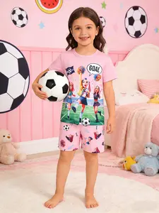Girls' Football Print Round Neck Summer Short Sleeve Shorts Pajama Set, Shorts Included, Casual Fitted Sleepwear for Kids, Cartoon Pattern