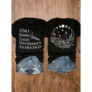 Women Witchy Moon Phase T-Shirt - Will Burn Sage And Bridges As Needed, Funny Spiritual Graphic Tee, Boho Celestial Flower Print Short Sleeve Casual Top  Unisex T-Shirts