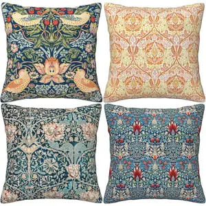 Vintage Floral Motifs Throw Pillow  Set of 4 Teal Botanical Flowers Pattern Pillow Cases Modern Square Printed Decorative Cushion Covers for Sofa Couch
