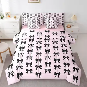 Pink and Black Bow Tie Bedding Set,7 Piece Cute Preppy Bow Knot Comforter Bed Set with Sheets,Girls Kids,Coquette Ribbon Bows Bed Bag,Princess Sheet