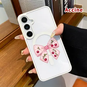 Magnetic Phone Case Compatible with Samsung Galaxy S23 Ultra S24 Plus S25 Edge S22+ FE Cherry - adorned Bow Pattern Acrylic Back Soft TPU Edge Anti-Slip skin-friendly feel Hard Shell