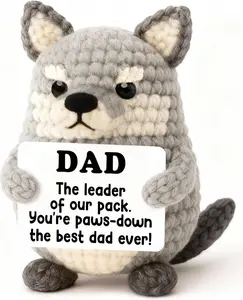 Crochet Wolf Gift for Dad from Kids, Handmade Wolf Plush with Cute Pun Card, Symbolic Pack Leader Gift for Fathers