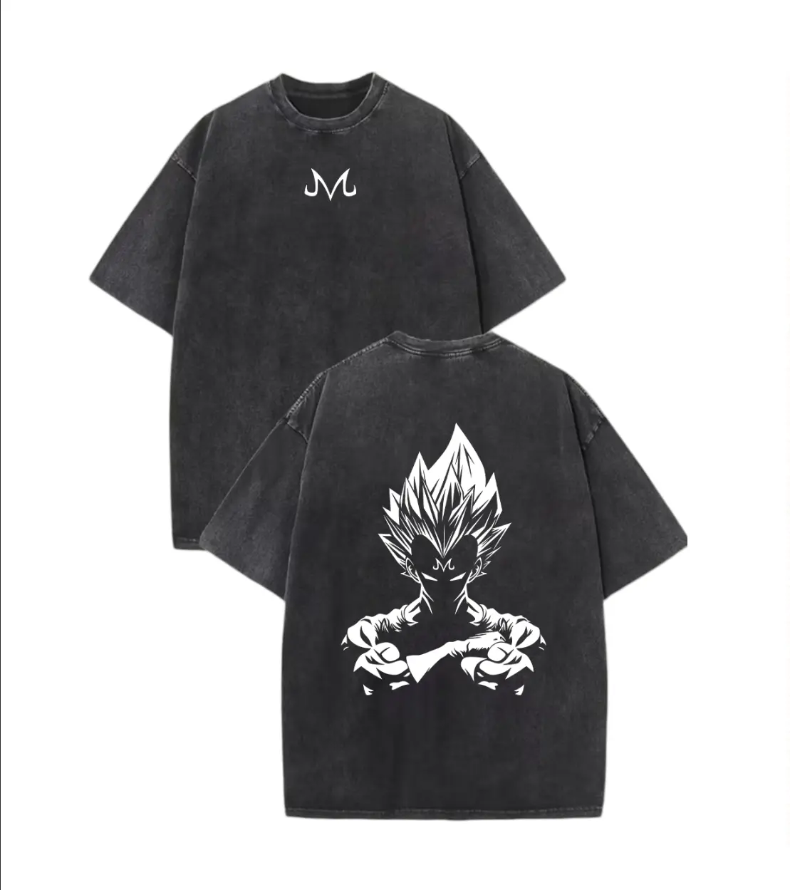 Dragon Ball Z Majin Vegeta Vintage Washed Oversized T-Shirt Double Sided Majin Symbol Anime Silhouette Graphic Grunge Aesthetic Harajuku Streetwear Unisex Retro DBZ Manga Fan Casual Tee Top Black Tshirt