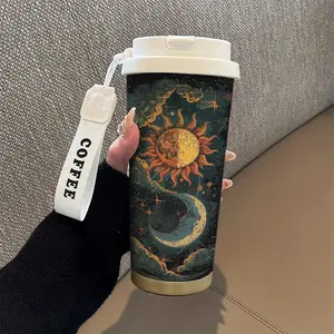 18oz vintage coffee mug, sun, moon and stars design - graffiti-inspired, double-walled insulated vacuum cup with lid, stainless steel material, suitable for office use, Valentine's Day, birthday and holiday gift, coffee travel mug