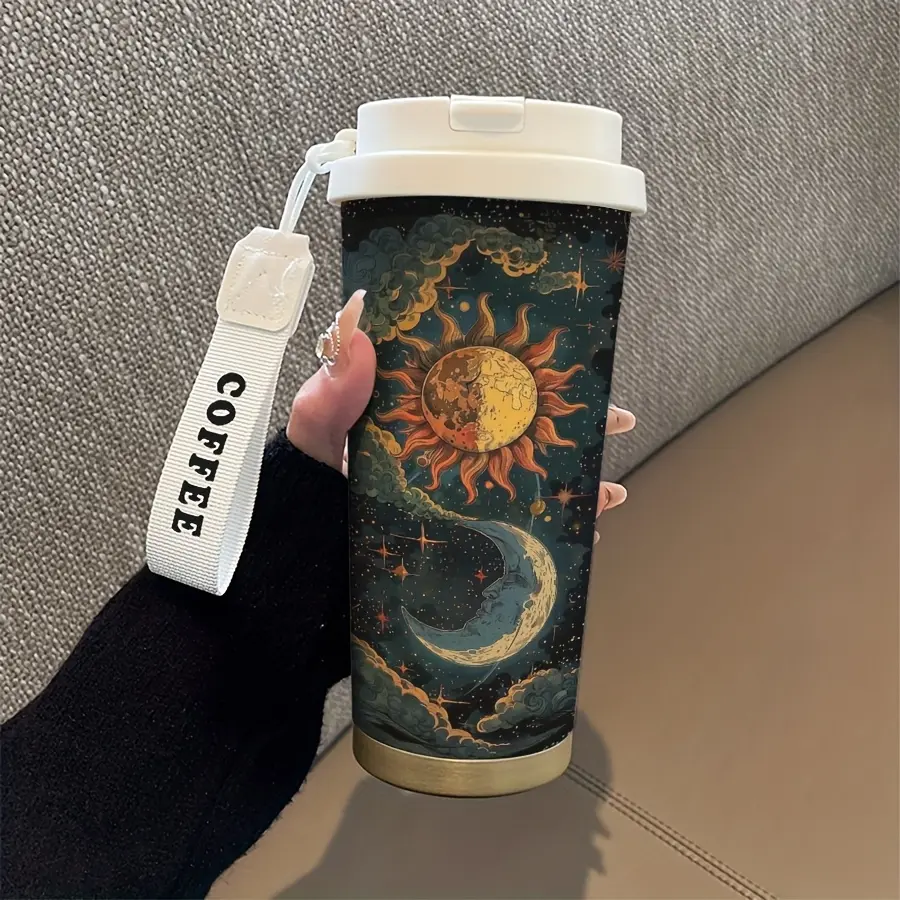 18oz vintage coffee mug, sun, moon and stars design - graffiti-inspired,  double-walled insulated vacuum cup
