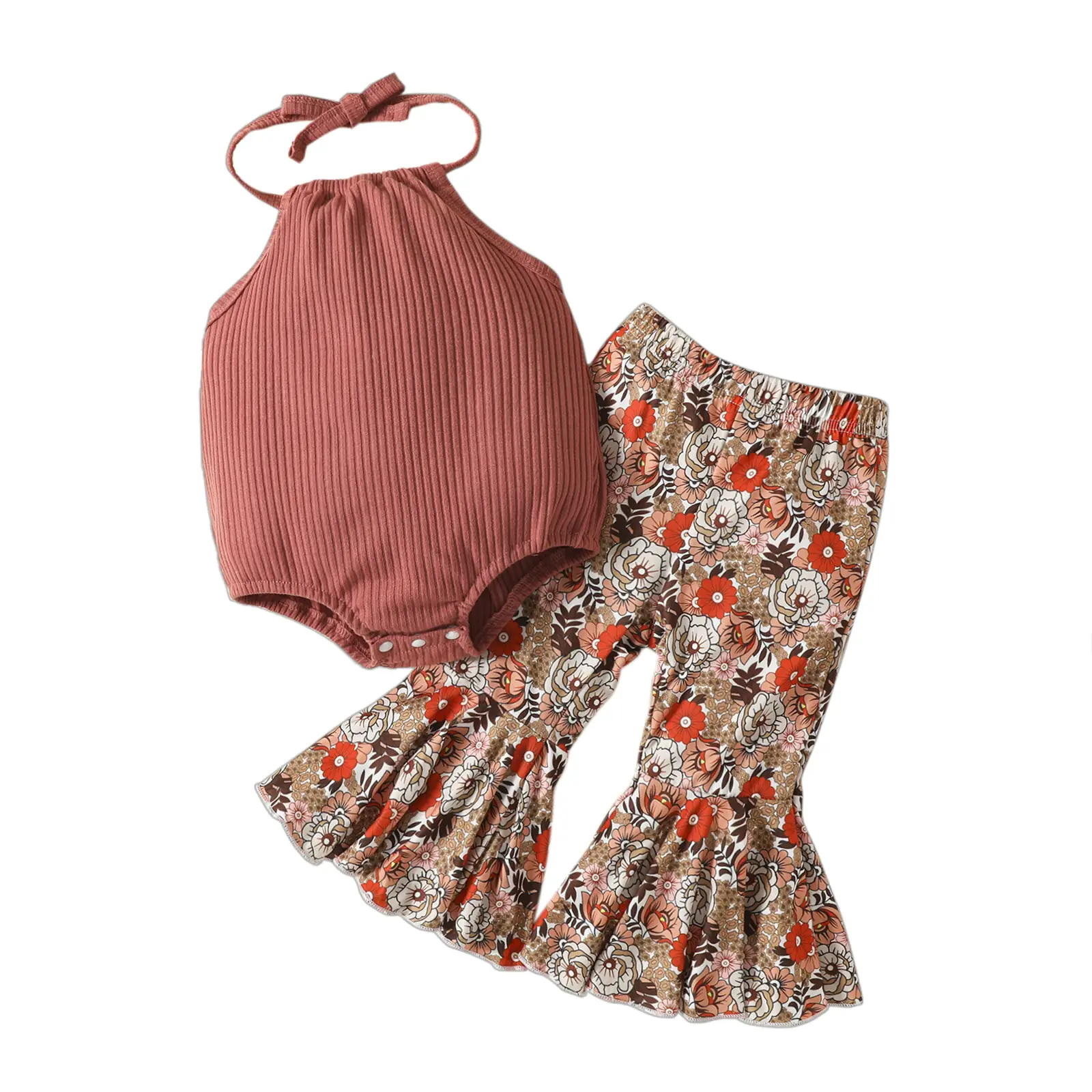 Toddler Baby Girl Sleeveless Halter Ribbed Solid Romper Sunflower Floral Print Flare Bell Bottoms Pants Outfit