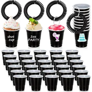 30 Pcs Black Shot Cups with Wristband for Party 2oz Plastic Shot Glasses Bulk Disposable Mini Shot Glasses with Bracelet Wear On Solo Cups for Party Beer Sample Taste Serving Graduation Birthday