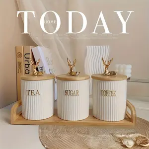 Set of 3 Ceramic Sealed Jars, 650ML Reindeer Airtight Food Storage Jars with Bamboo Base, Tea Coffee Sugar Containers, Home Kitchen Essentials