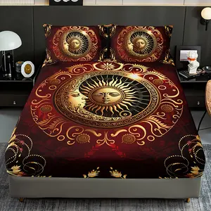 3pcs Mysterious Starry Sun Moon Print Fitted Sheet Set (1* Fitted Sheet + 2*Pillowcase, Without Core), Soft Comfortable Breathable Bedding Mattress Protector Set, for Bedroom, Guest Room, Bed Sheets Set