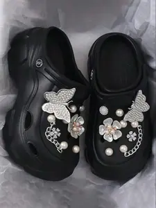 Women's New Fashion Versatile Butterfly Pearl Flower Anti-Slip Height Increasing Slip-On Casual Hole Glitter Clog Shoes, Comfortable and Stylish