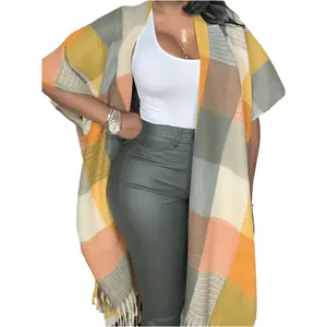 Small to 3X Comfy Plaid Cardigan Kimono Coat Jacket for Spring, Fall , Winter - Navy blue, burgundy, mustard yellow, orange, beige elegant, classy, demure, chic style, bougie on a budget style, soft, stay warm, pair with boots