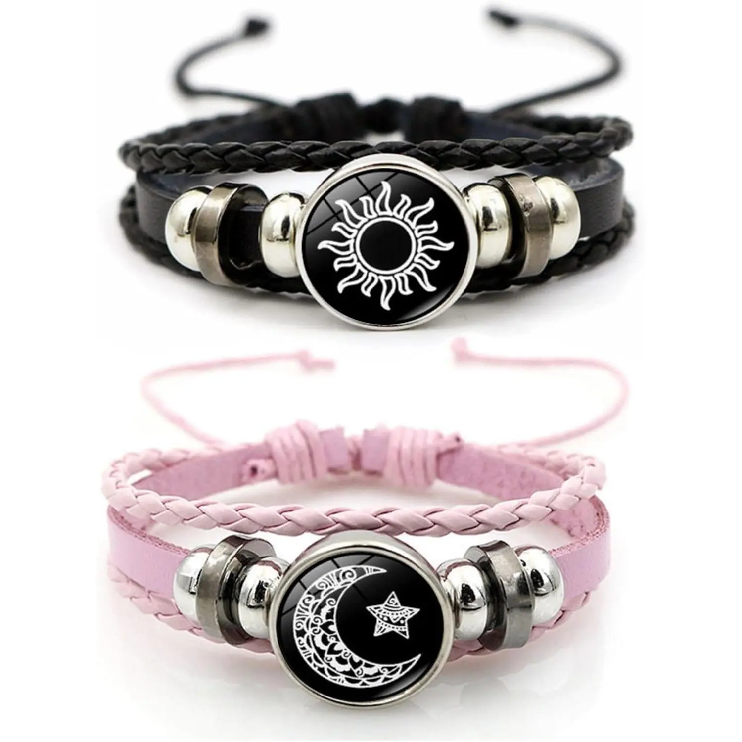 Luminous Sun and Moon Couple Bracelet -Glow in the Dark Matching Braided Leather Jewelry for Couples, Adjustable Long Distance Love Gift for Him & Her