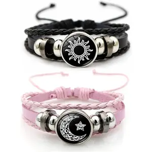 Luminous Sun and Moon Couple Bracelet -Glow in the Dark Matching Braided Leather Jewelry for Couples, Adjustable Long Distance Love Gift for Him & Her