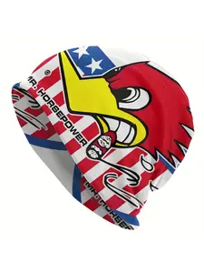 Graphic Beanie - Patriotic Red, White & Blue Design with Cartoon Horse & Stars, Stretchy Polyester Knit Hat for Men, Casual Headwear | Cartoon Horse Design | Stretchy Knit Beanies