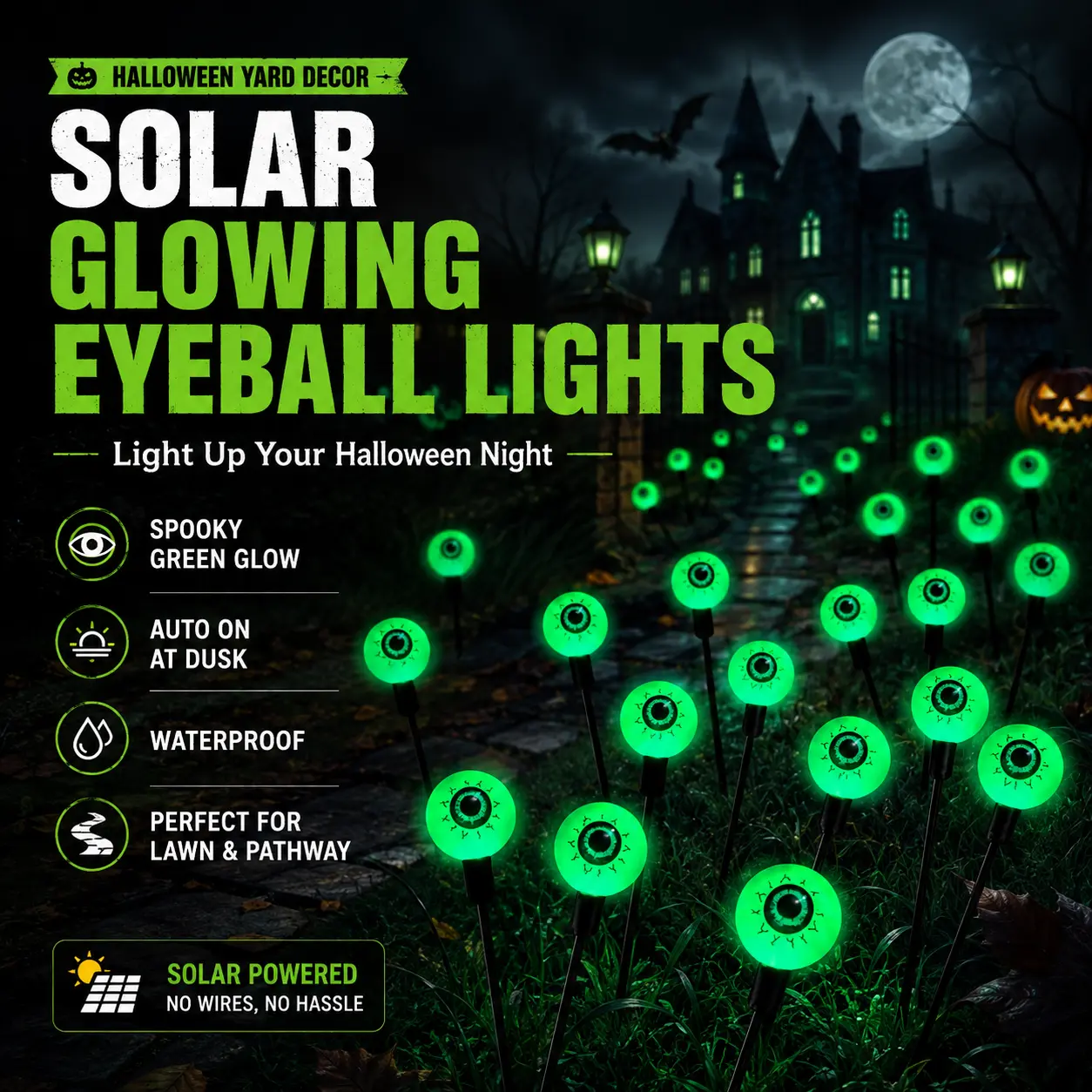 Solar Halloween Eyeball Lights, Spooky Green Glow Eye Lights for Outdoor Yard Decor, Waterproof Solar Powered Garden Stakes, Creepy Halloween Pathway Lights for Lawn Party Haunted House Decorations