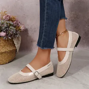 Women's Sandals Breathable Fishnet Buckle Strap Ballet Flats Dressy Summer Mesh Flat Heel