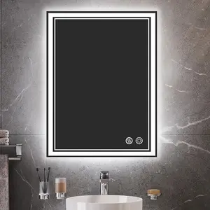 Rectangular LED Bathroom Mirror With Lights, Anti-Fog, Dimmable Shower Mirrors, High Definition Makeup Mirrors, Wall-Mounted Vanity Mirrors, Memory Function, Tempered Glass,Shatter-Proof, US standard plug/Switch , Size 24*16inch, Bathroom Decor