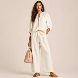 Women's Cotton Linen 2 Piece Lounge Set Zip Front Top and Loose Wide Leg Pants Casual Relaxed Outfit