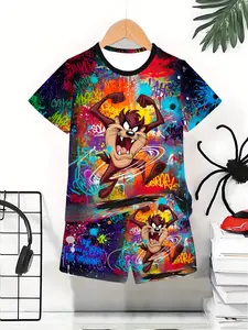 Boys' Graffiti Cartoon Monster 3D Short Sleeve Set, Summer Breathable Sports Two-Piece, Outdoor Gift, Birthday Present