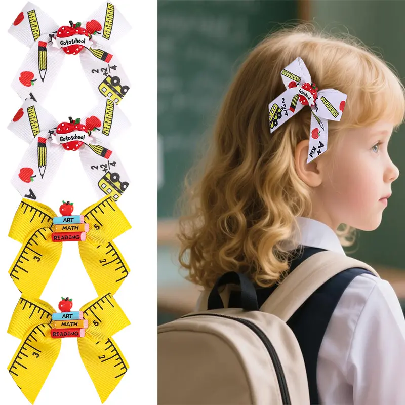 Girls' Back-to-School Bow Hair Clips - School-Theme Ribbon Bows with Decorative Charms, Non-Slip Barrettes for Classroom Outfits, Teacher Gifts