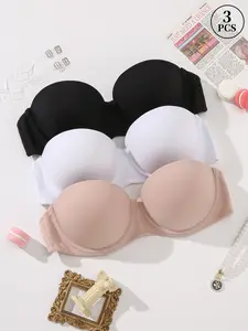 3PCS Women's Strapless Bandeau Solid Color Underwire Push Up Beauty Back Bras, Multiway Adjustable Straps,Comfortable for Off-Shoulder & Backless Daily Wear