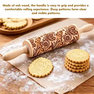 1pc Wooden Christmas Embossed Rolling Pin, Deeply Engraved Christmas Flower and Leaf Pattern, Great for Cookie Cake Baking and Home Decoration, Christmas Party Gift