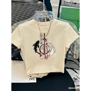 Koi Fish Sword Cherry Blossom Graphic Baby Tee Women Cropped Short Sleeve Crew Neck Y2K Streetwear Soft Stretch Fitted Top For Summer Casual Outfit
