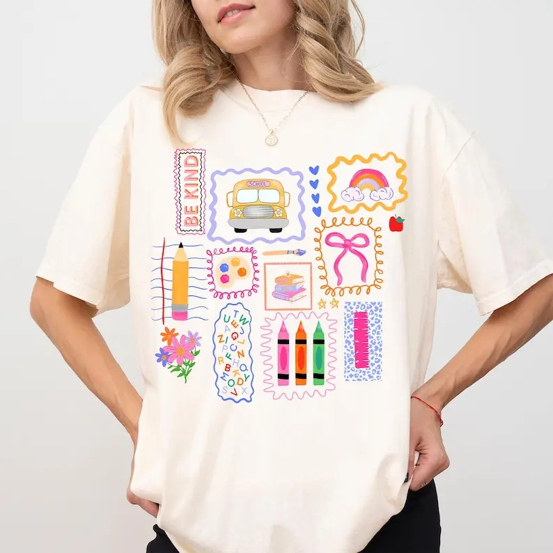 Trendy Teacher Shirt, Colorful Doodle Back To School Tshirt, Preppy Coquette School T-Shirt, Girly Pink Bow Tee, Teacher Gifts