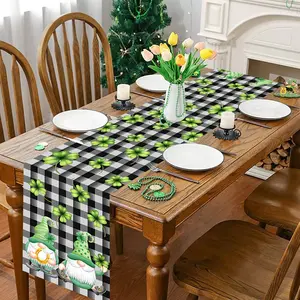 St. Patrick's Day Table Runner, Gnome & Shamrock Design, & Plaid Background, Durable Polyester Fabric, Party Decoration