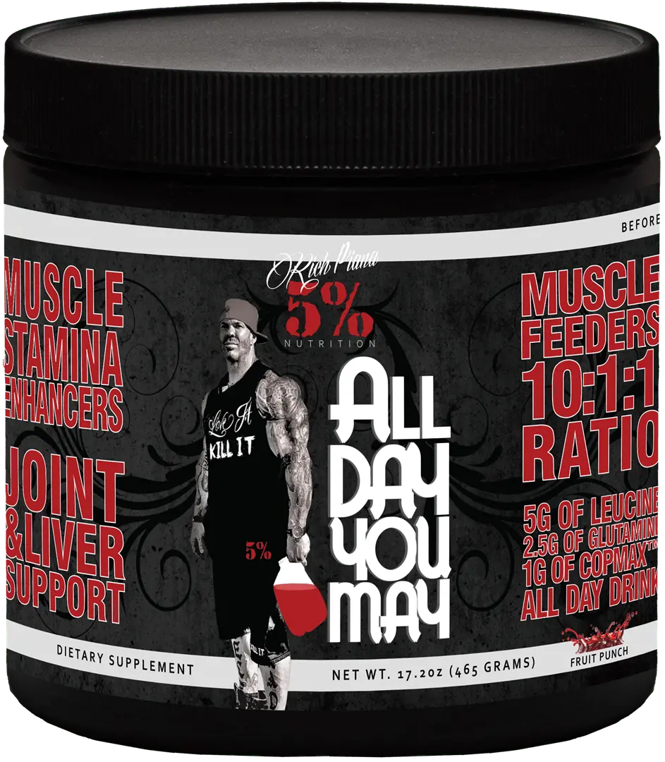 Rich Piana 5% Nutrition All Day You May BCAA Boosted High Protein Powder - Texture-Enhanced Supplement Stack for Adults, 30 Servings, Branched-Chain Amino Acids, Conditional Amino Acid Blend, Supports Protein Synthesis, Muscle Recovery, Body Health, Prote