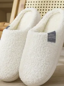 Four Seasons Teddy Fleece Slippers, Simple Label Design, Lightweight Comfort, Non-Slip Flat Sole, Bedroom/living Room Home Shoes