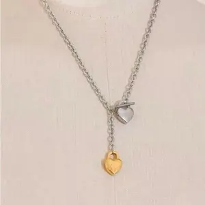 heart padlock lariat choker necklace , two tone heart  choker necklace, lazo de dos tonos con colgante
