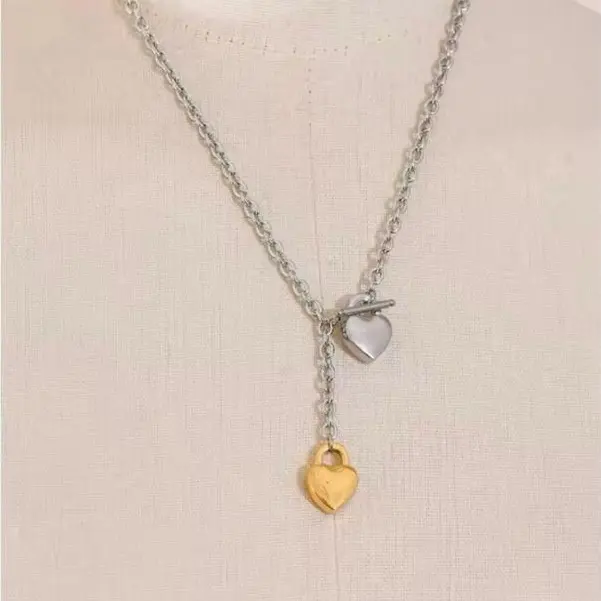 heart padlock lariat choker necklace , two tone heart  choker necklace, lazo de dos tonos con colgante
