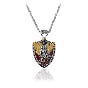 Men Faith Pendant Necklace Saint Michael Guardian Necklace with Long Chain