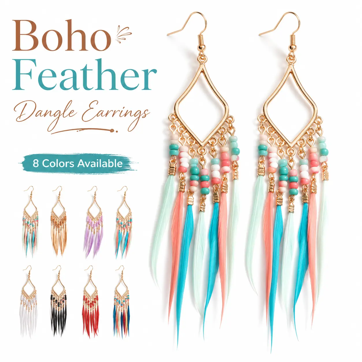 Women's Boho Feather Dangle Earrings - Gold-Tone, Beaded Tassel, Colorful Statement, 8g Lightweight, 12cm Length, 3cm Accent, Versatile Fashion Jewelry for Beach Wear & Special Occasions, Perfect Gift for Bohemian Jewelry Lovers, Romance, Daily, Drop Earr
