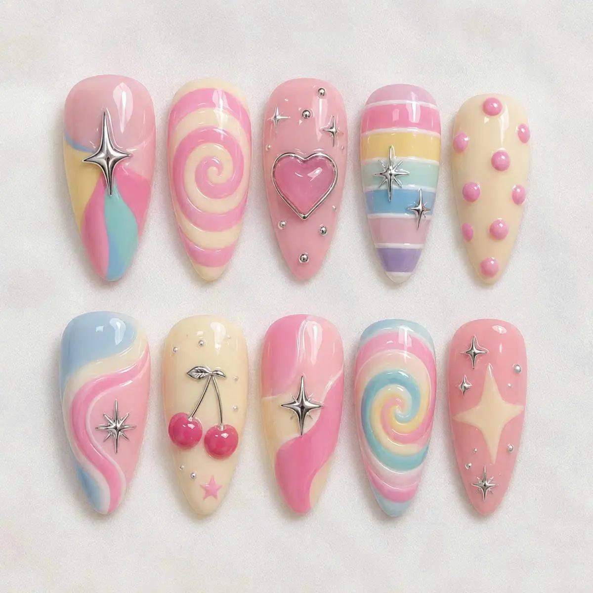 Handmade Y2K Kawaii Press On Nails, Pastel Cherry Swirl Chrome Star Reusable Gel Fake Nail Set with Free Adhesive Tabs Nail File Cuticle Stick